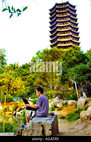 Pékin CHINE, éducation 'Université de Pékin' Campus étudiant homme, regardant à l'écran d'ordinateur portable, Lac Shore avec Tour de pagode Banque D'Images