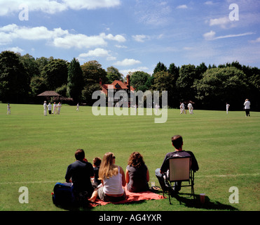 L'observation de la famille un jeu de cricket Tilford Green Village, Surrey, Angleterre, Royaume-Uni. Banque D'Images