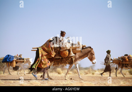 Les gens de près d'Agadez Niger Wodaabes tribu voyageant sur des ânes chargés afin d'aller de l'camp Banque D'Images