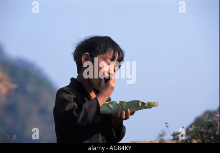 Vietnam peuvent cau Boy de Flower Hmong Hill Tribe mangeant de la feuille de banane Banque D'Images