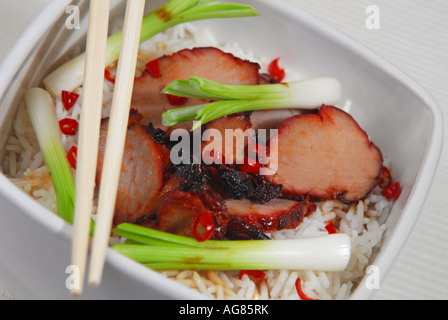 Un bol de Cantonais Chinois char-siu porc et oignons de printemps sur le riz. Banque D'Images