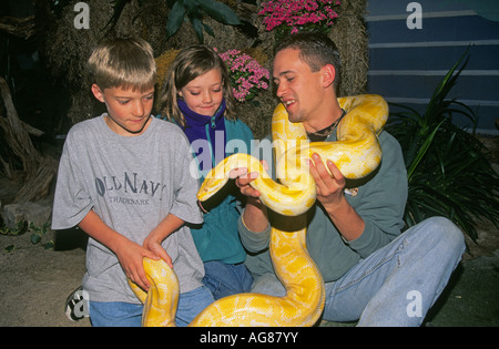 Deux jeunes visiteurs et un gestionnaire d'examiner un grand reptile python albinos au reptile Gardens une attraction populaire dans la région de Rapid City Banque D'Images