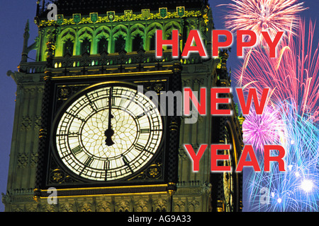 Réveillon d'artifice à minuit sur Big Ben London England UK Banque D'Images