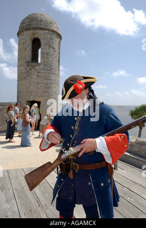 Reenactor en espagnol l'uniforme militaire, démontre l'armement Banque D'Images