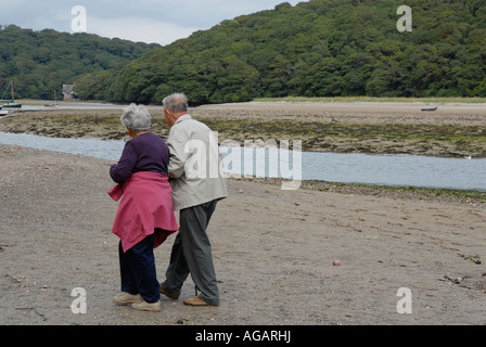 Vieux couple walking on the beach Banque D'Images