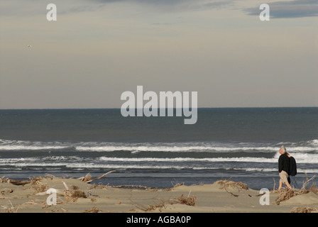 Personnes âgées en train de marcher le long d'une plage Banque D'Images