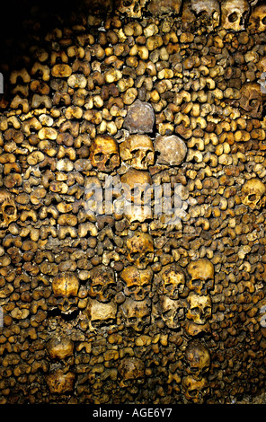 Faite de crânes dans un modèle avec les os des jambes du fémur dans les catacombes Paris France Banque D'Images