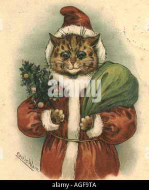 Carte postale de Noël Chromolithographed par artiste Louis Wain postally utilisé 1903 Banque D'Images