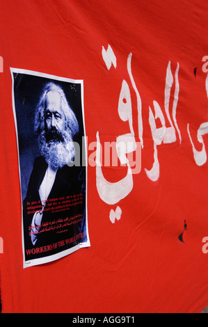 Banderole radical avec Karl Marx à la démonstration, Stockholm, Suède Banque D'Images