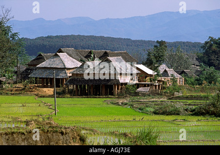 Yunnan Chine Xishuangbanna Manguanhan Sud prospère village maisons de ferme Banque D'Images