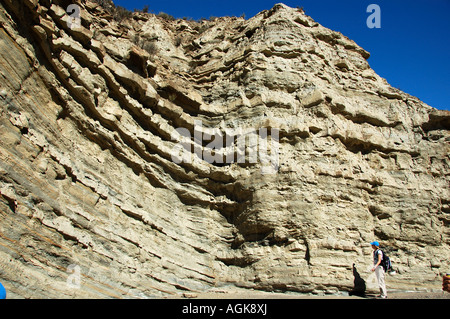 Un géologue femme debout devant un affleurement de couches de grès et de schiste, au sud de l'Espagne. Banque D'Images