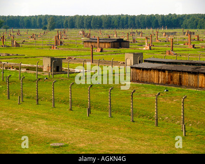 Les fils barbelés, casernes, et de champs vides et de ruines à l'extérieur du camp de concentration d'Auschwitz Cracovie, Pologne. Banque D'Images