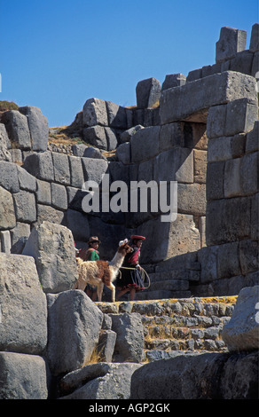 Pérou Sacsayhuaman, les femmes indiennes et de lamas à ruines Incas Banque D'Images