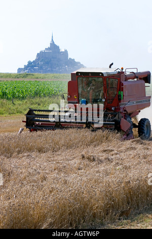 La récolte du blé avec le Mont Saint Michel dans l'arrière-plan dans la région de Basse Normandie France Banque D'Images