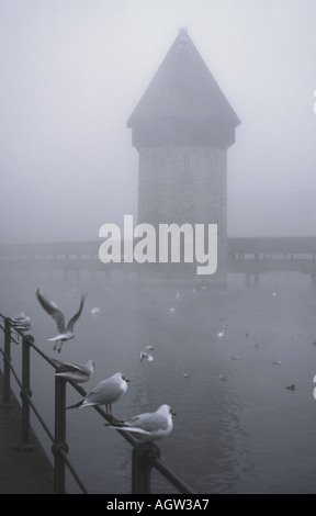 Pont de la chapelle de Lucerne, en Suisse de brouillard Banque D'Images