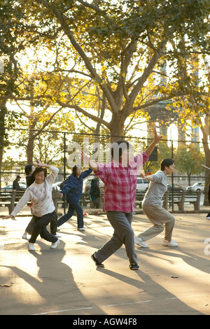 Les Américains d'origine asiatique faire tôt le matin, des exercices de Tai Chi à l'extérieur du Lower Manhattan China Town USA Banque D'Images