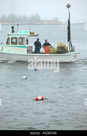 Des bouées jusqu'à un pêcheur de homard avec deux bateaux au large de la péninsule de Schoodic Maine USA Banque D'Images