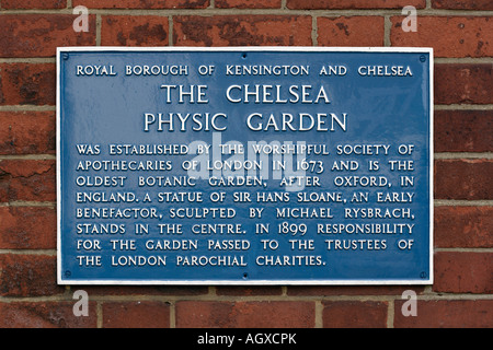 Le Chelsea Physic Garden plaque d'information Londres Banque D'Images