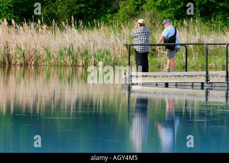 Couple d'oiseaux à partir de la promenade sur le lac Astotin au printemps, le parc national Elk Island en Alberta Canada Banque D'Images