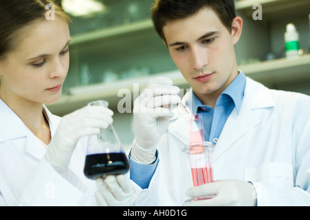 Les jeunes hommes et les femmes, les travailleurs de laboratoire verrerie de laboratoire holding Banque D'Images