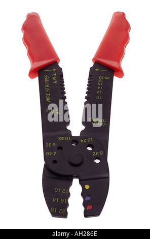 Dénudeur de fil rouge et noir se découpant sur fond blanc Banque D'Images