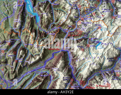 Carte en relief de 1992 Jeux Olympiques d'endroits dans les Alpes autour d'Albertville Savoie France Banque D'Images