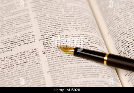 Gros plan du stylo plume sur les pages de dictionnaire ouvertes Banque D'Images