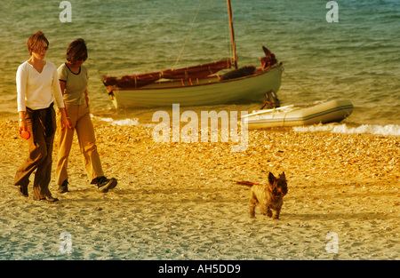 Couple en train de marcher un petit chien le long d'une plage avec les bateaux et la mer en arrière-plan Banque D'Images