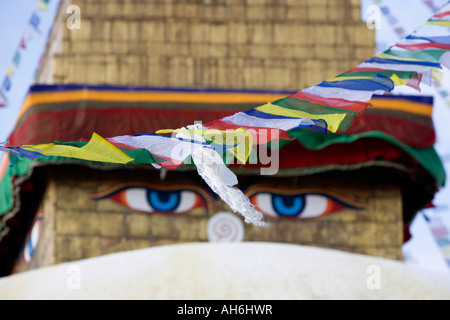 Les drapeaux de prières et de Pashupatinath, le stupa Boudhanath, Katmandou, Népal Banque D'Images