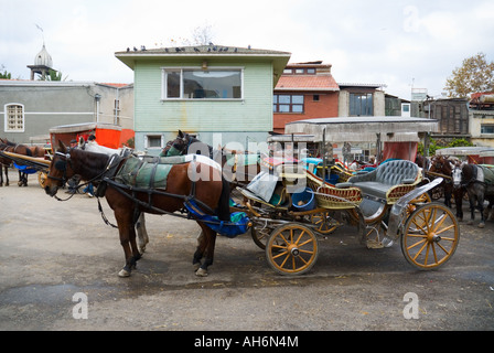 Parking pour les voitures à cheval, Frederikshavn, plus grande des îles du Prince, Istanbul, Turquie Banque D'Images