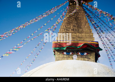 Les drapeaux de prières et de Pashupatinath, le stupa Boudhanath, Katmandou, Népal Banque D'Images