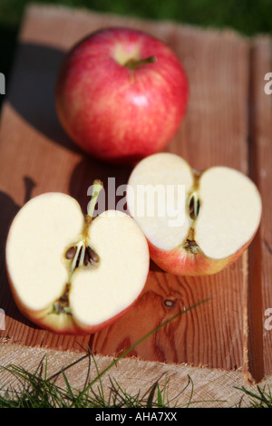 L'un ensemble et deux demi-pommes sur bois à l'herbe sous le soleil Banque D'Images