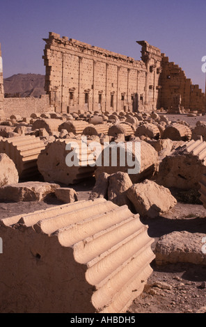 Les colonnes se trouvent, en attente d'être rassemblés dans leur précédent me demande en tant que le temple de Bal dans la ville romaine de Palmyre. Banque D'Images