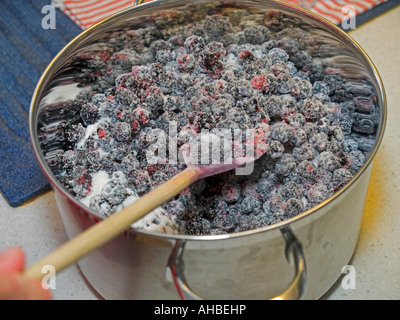 Faire de la confiture de bleuets mélanger le sucre dans cooking pot rempli de fruits rouges Banque D'Images