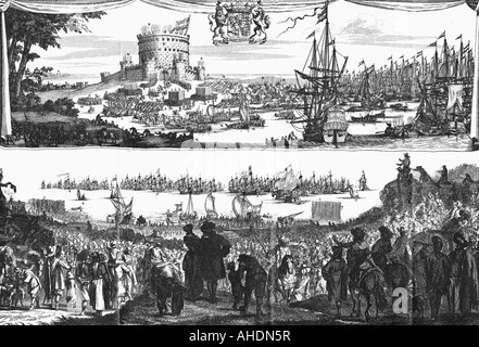 Géographie/voyage, Grande-Bretagne, Révolution Glorieuse 1688, embarquement de William III d'Orange à Hellevetsluis 13.11.1688 et atterrissage à Torbay, Devon, 15.11.1688, après gravure de P. Nolpe, Orange-Nassau, Pays-Bas, Angleterre, chute du roi James II, Stuart, politique, protestants, XVIIe siècle, historique, Nassau, peuple, Banque D'Images