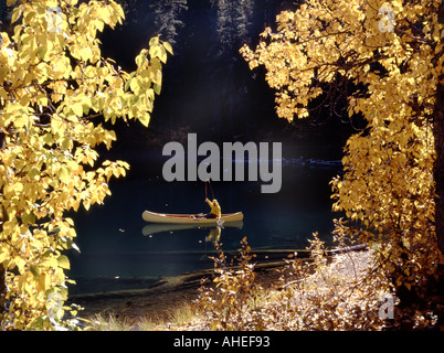 Pêcheur au canoë Scout Lake dans l'Idaho encadrée par des branches de peuplier jaune couleur d'automne Banque D'Images