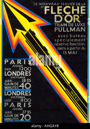 Fleche DOr Pullman 1929 affiche française pour l'amélioration de Londres à Paris par train et bateau à 6 heures et 35 minutes Banque D'Images