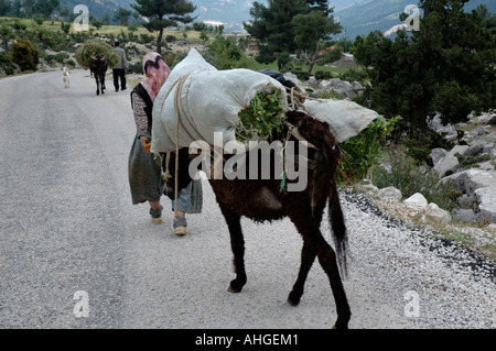 L'homme et de la femme turque sur la route avec leur âne chargé vers le haut avec les récoltes dans les collines de l'Anatolie du sud de la Turquie. Banque D'Images