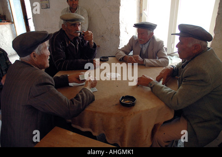 Les hommes dans le village de Saribelen dans le sud de la Turquie de jouer aux jeux sur le chat et la socialisation dans le café bar. Banque D'Images