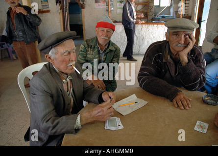 Les hommes dans le village de Saribelen dans le sud de la Turquie de jouer aux jeux sur le chat et la socialisation dans le café bar. Banque D'Images