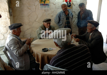 Les hommes dans le village de Saribelen dans le sud de la Turquie de jouer aux jeux sur le chat et la socialisation dans le café bar. Banque D'Images