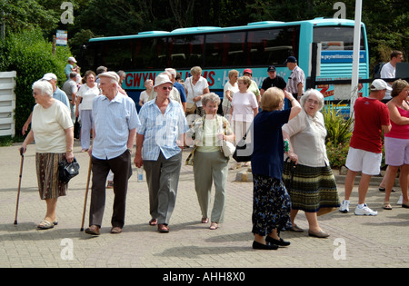 Personnes âgées Les vacanciers sur Voyage en autocar. Le sud de l'île de Wight, Angleterre Royaume-uni Banque D'Images