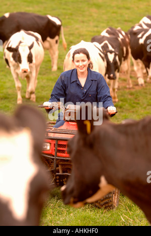 Une AGRICULTRICE ÉQUITATION QUAD sur une ferme laitière dans le Gloucestershire UK Banque D'Images