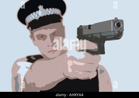 Art dessin illustration d'un agent de police en uniforme le tir d'un glock 17 pistolet automatique Banque D'Images