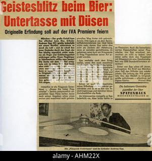 EPP, Joseph Andreas, 1914 - 1997, inventeur allemand, demi-longueur, avec la construction de sa soucoupe volante 'Omega Diskus 39/58', journal report, AZ, (Abendzeitung), Munich, 1965, Banque D'Images