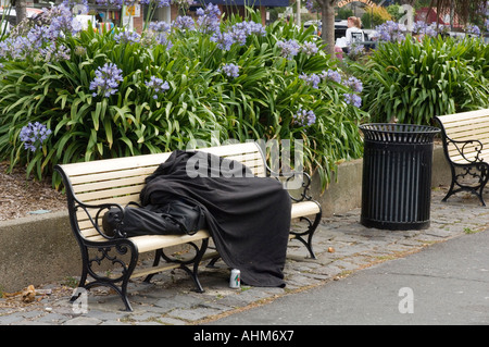 Une personne sans-abri endormi sur un banc de San Francisco, Californie, USA Banque D'Images