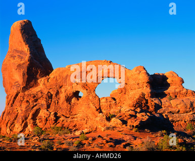 Tourelle Arch dans le Arches National Park Moab Utah USA prises dans le soleil matinal sous ciel bleu Banque D'Images