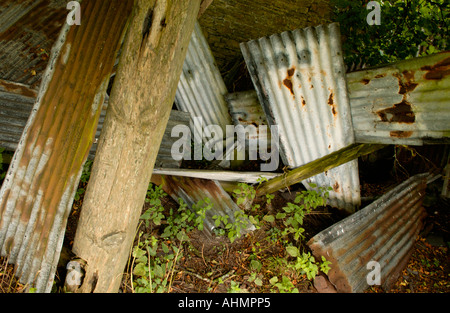 Ferme abandonnée à l'abandon à Llandeilo Carmarthenshire Wales UK s'est effondré de toiture shed Banque D'Images