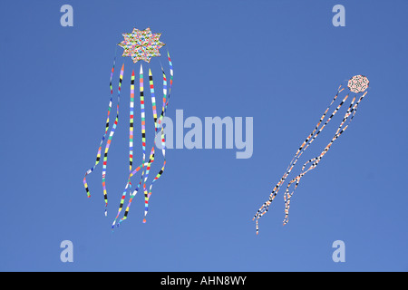 Vol de cerfs-volants colorés en bleu ciel d'été. Cagliari kite club. Banque D'Images