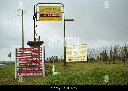Un franchissement routier à Bourgueil avec de nombreux panneaux routiers indiquant où les différents domaines sont : Samson, Caslot, Pierre Breton, Le Manoir de Brûlon, Fleury Pere Et Fils, Domaine de la Chevalerie. En hiver., Bourgueil Indre et Loire France Banque D'Images